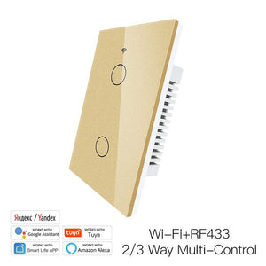 RF433 & WiFi Smart Light Switch - Glass Panel Touch Control, 3-Way Multi-Control, Neutral Wire Required, US Standard 120V, Works with Alexa/Google Home