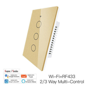 RF433 & WiFi Smart Light Switch - Glass Panel Touch Control, 3-Way Multi-Control, Neutral Wire Required, US Standard 120V, Works with Alexa/Google Home