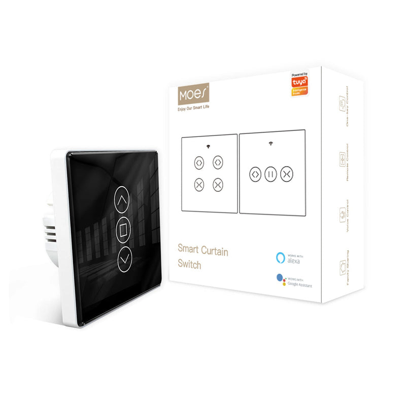 MOES WiFi Curtain Switch, RF433 Smart Switch for Roller Blinds & Shutters, 2.5D Arc Glass Touch Panel, Works with Alexa & Google Home, No Hub Required, Easy Installation