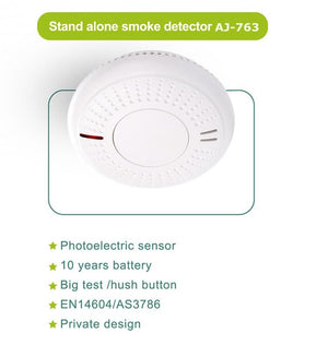 AJ-763 Stand Alone Smoke Alarm - Battery Operated Fire Detector with 85dB Alarm, Easy Installation, Test Button, UL Certified for Home/Kitchen/Bedroom Safety (Pack of 1)
