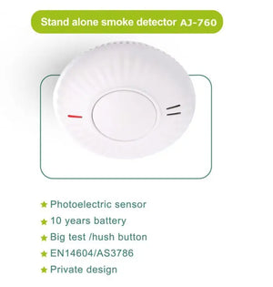 AJ-760 Standalone Smoke Alarm - Photoelectric Fire Detector with 10-Year Battery, Loud 85dB Alarm - Easy Installation, UL Certified, for Home/Bedroom/Kitchen Safety (Pack of 1)