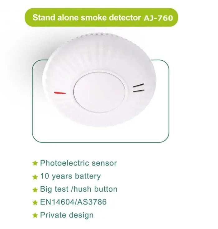 AJ-760 Standalone Smoke Alarm - Photoelectric Fire Detector with 10-Year Battery, Loud 85dB Alarm - Easy Installation, UL Certified, for Home/Bedroom/Kitchen Safety (Pack of 1)