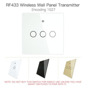 RF433 Smart Wireless Wall Switch - Glass Panel Touch Transmitter, Multi-Control Remote, EU Standard, No Wiring Needed, Compatible with Lights/Fans/Appliances (433MHz Frequency)