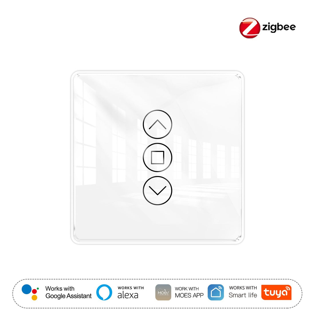 ZigBee & RF433 Smart Curtain Switch - 2.5D Arc Glass Touch Panel for Motorized Blinds/Shutters, Works with Alexa/Google Home, Hub Required, Timing & Remote Control, Neutral Wire Needed