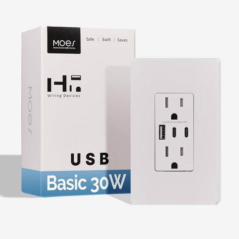 MOES 15A Wall Outlet with USB-C & USB-A Ports | 3-in-1 Smart Receptacle (2x Type C + 1x USB-A) | Fast Charging 30W | Tamper-Resistant | Easy Installation | White | GFCI Optional