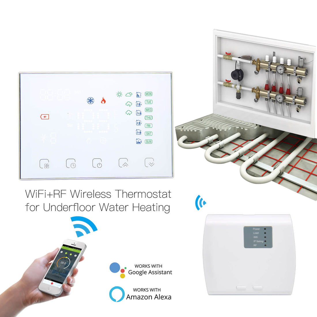 WiFi & RF Programmable Thermostat – Smart Wireless Temperature Controller for Water/Electric/Gas Boiler & Floor Heating, Works with Alexa/Google Home, Touchscreen, Energy Saving, Includes RF Receiver (24V)