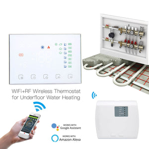 WiFi & RF Programmable Thermostat – Smart Wireless Temperature Controller for Water/Electric/Gas Boiler & Floor Heating, Works with Alexa/Google Home, Touchscreen, Energy Saving, Includes RF Receiver (24V)