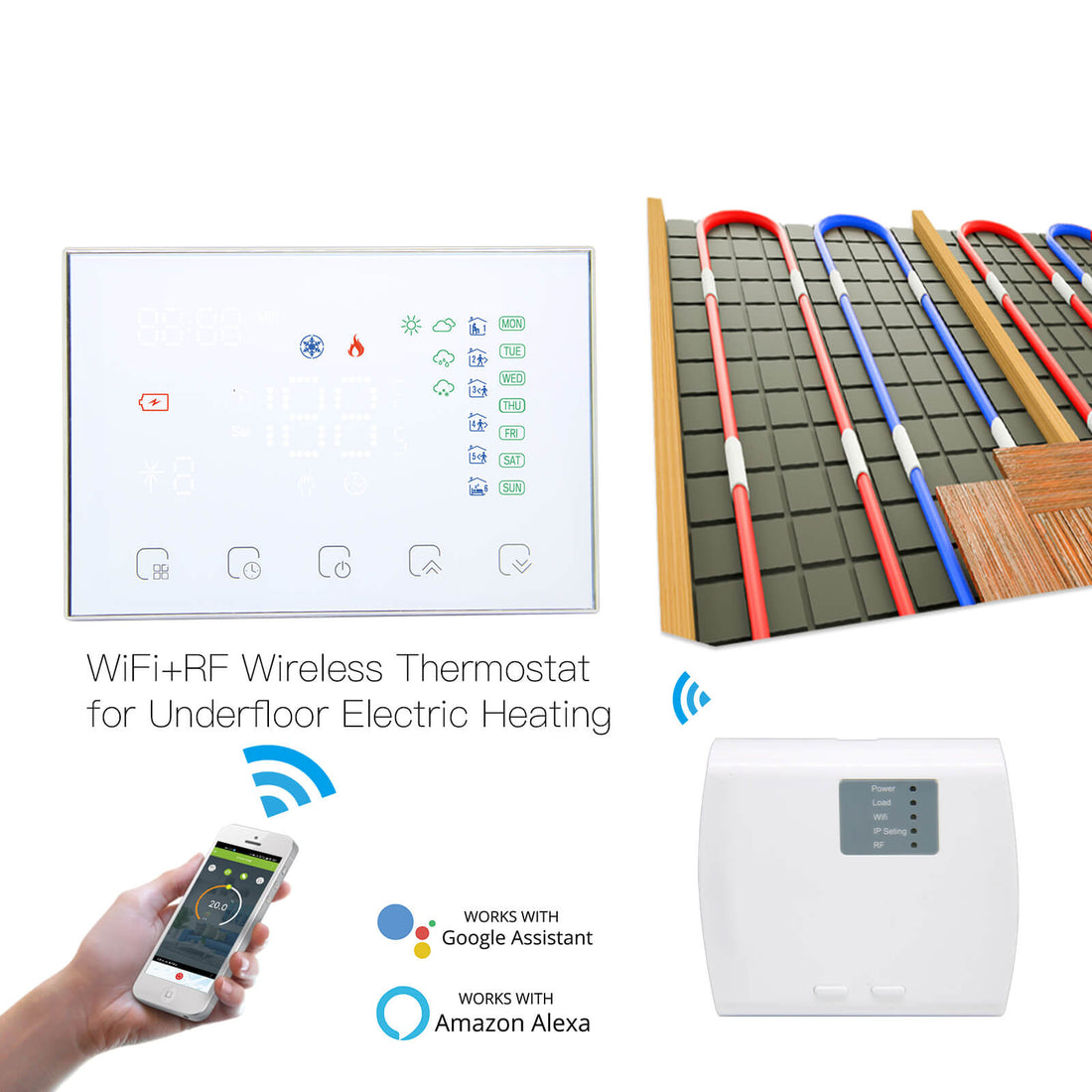 WiFi & RF Programmable Thermostat – Smart Wireless Temperature Controller for Water/Electric/Gas Boiler & Floor Heating, Works with Alexa/Google Home, Touchscreen, Energy Saving, Includes RF Receiver (24V)
