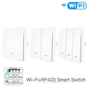 WiFi RF433 Smart Light Switch, 2-Way Multi-Control, No Neutral Wire Required, Compatible with Alexa & Google Home, Remote Control & App Control, EU Standard