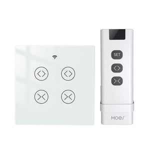 WiFi & RF433 Smart 2-Gang Double Curtain Blind Touch Switch – Neutral Wire Required, Works with Alexa/Google Home, Remote Control, EU Version (No Hub Required)