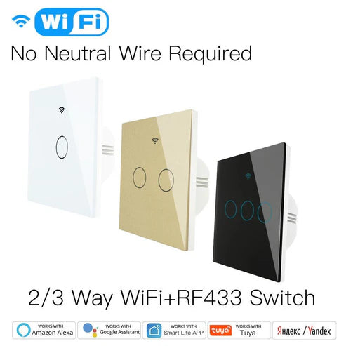 WiFi Smart Light Switch, RF433 Wall Touch Switch - No Neutral Wire Required, Single Pole, 220V EU Standard, Compatible with Alexa/Google Home, Remote Control & App Control