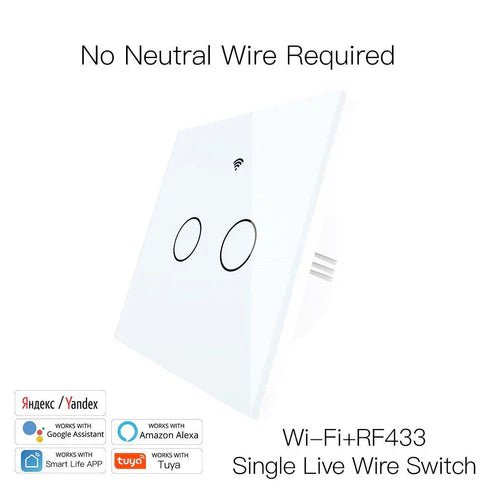 WiFi Smart Light Switch, RF433 Wall Touch Switch - No Neutral Wire Required, Single Pole, 220V EU Standard, Compatible with Alexa/Google Home, Remote Control & App Control