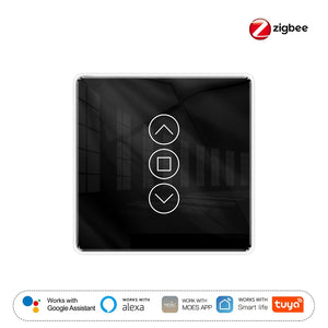 ZigBee & RF433 Smart Curtain Switch - 2.5D Arc Glass Touch Panel for Motorized Blinds/Shutters, Works with Alexa/Google Home, Hub Required, Timing & Remote Control, Neutral Wire Needed