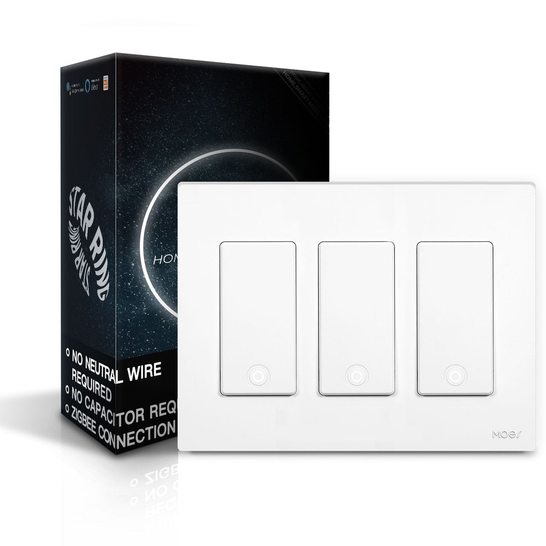 MOES Star Ring ZigBee Smart Light Switch - No Neutral Wire Required (No Capacitor Needed), Single Pole, Works with Alexa/Google/SmartThings, Touch Control, Hub Required