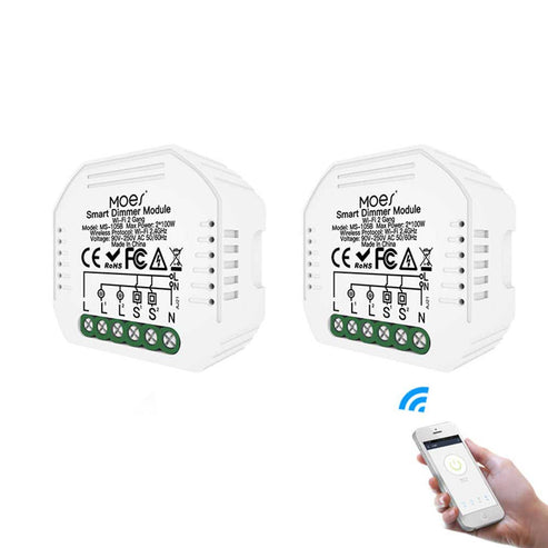 WiFi Smart Dimmer Switch Module - 2 Gang LED Dimmable Relay, Works with Alexa/Google Home, No Hub Required, DIY Installation, 0-100% Smooth Dimming, Smart Life/Tuya App (120-250V)