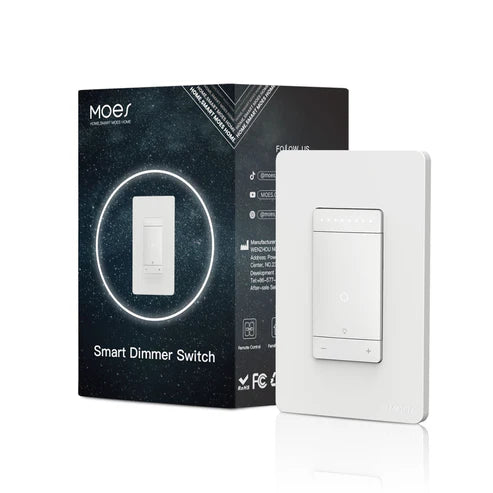 MOES WiFi Smart Dimmer Light Switch, Star Ring Design, 3-Way & Single Pole, Works with Alexa & Google Home, No Neutral Wire Required, Grounding Design, App & Voice Control, US Standard, White