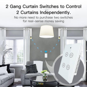 Smart WiFi RF433 Curtain Switch 2 Gang - Dual Blind Motor Control, Single Pole, Neutral Wire Required, Works with Alexa/Google Home, Touch & App Remote, Timer Function, FCC Certified (US Version)