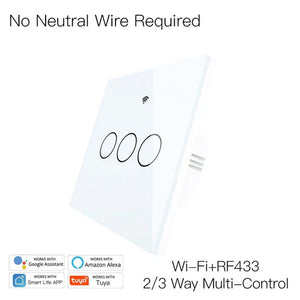 WiFi Smart Light Switch, RF433 Wall Touch Switch - No Neutral Wire Required, Single Pole, 220V EU Standard, Compatible with Alexa/Google Home, Remote Control & App Control