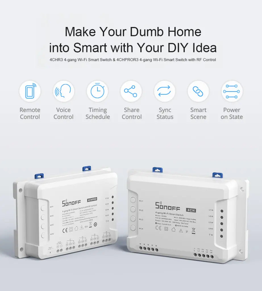 SONOFF 4CH R3 230V WiFi Smart Switch - 4 Gang 2200W, Inching/Self-Locking/Interlock Modes, Works with Alexa & Google Home, eWeLink App Control, 10A Relay for Smart Home DIY