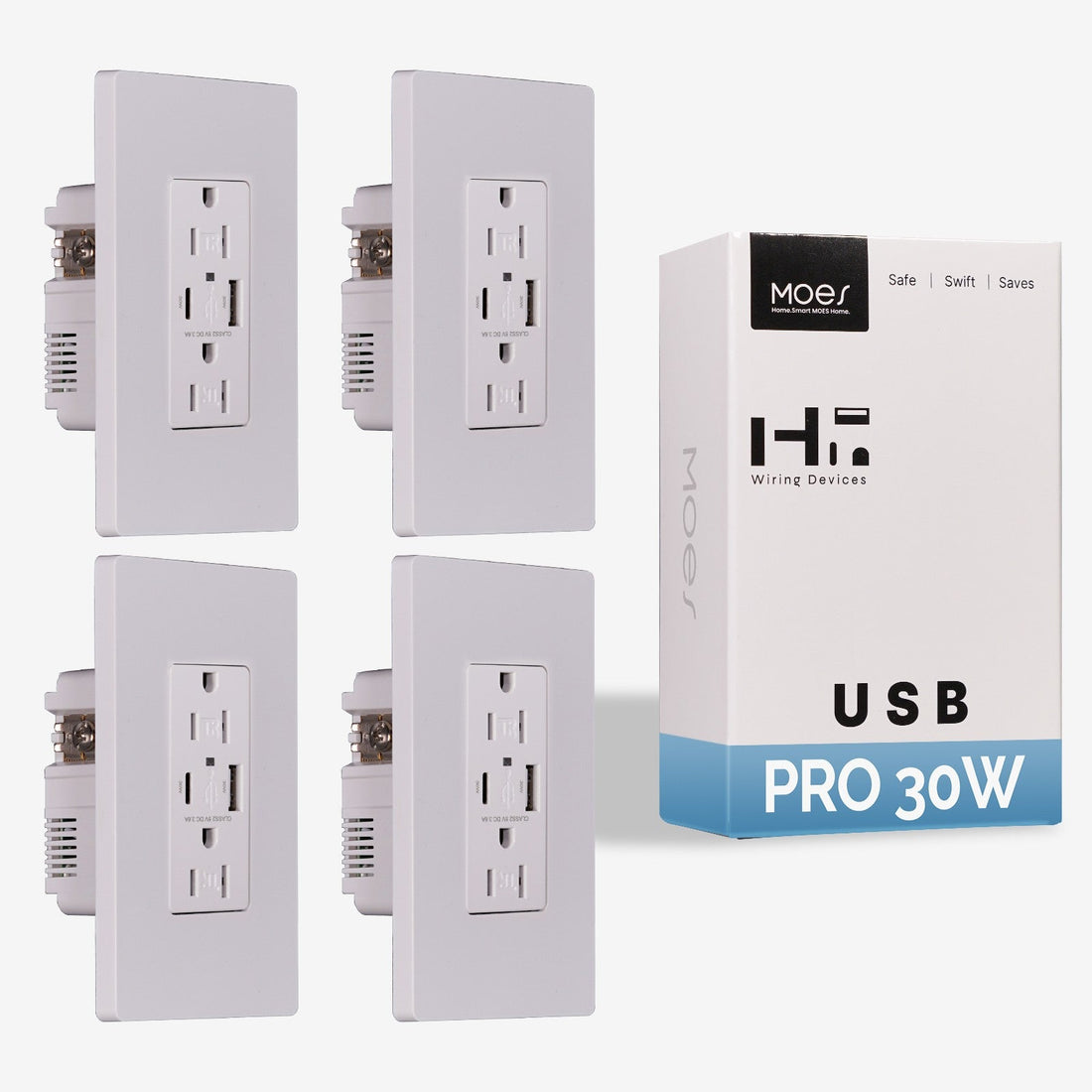 MOES 30W USB-C Wall Outlet with Power Delivery | 20A Heavy Duty Electrical Socket | Fast Charging Smart Receptacle | Tamper-Resistant | 2 USB Ports + 2 AC Outlets | Easy Installation | White