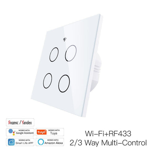 WiFi & RF433 Smart Light Switch - 1/2/3/4 Gang Touch Panel, 2-Way Multi-Control, Neutral Wire Required, EU 220-240V, Works with Alexa/Google Home