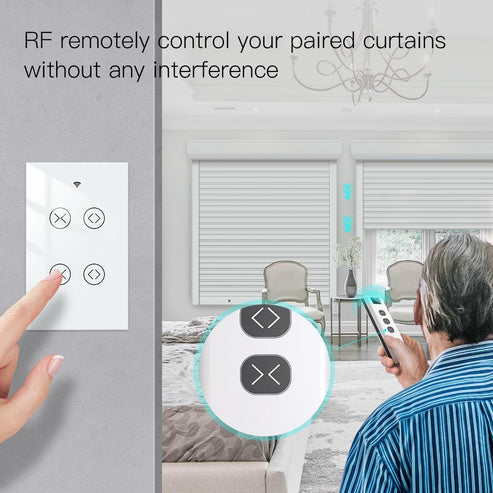Smart WiFi RF433 Curtain Switch 2 Gang - Dual Blind Motor Control, Single Pole, Neutral Wire Required, Works with Alexa/Google Home, Touch & App Remote, Timer Function, FCC Certified (US Version)