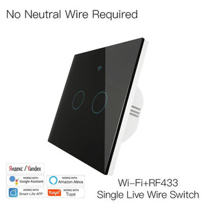 WiFi Smart Light Switch, RF433 Wall Touch Switch - No Neutral Wire Required, Single Pole, 220V EU Standard, Compatible with Alexa/Google Home, Remote Control & App Control
