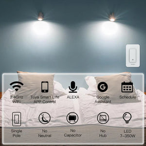 WiFi Smart Switch No Neutral Required – Smart Push Button Light Switch, Single Pole (100-120V), Works with Alexa & Google Home, No Capacitor Needed, Easy Wire Installation, FCC Certified (US Version)