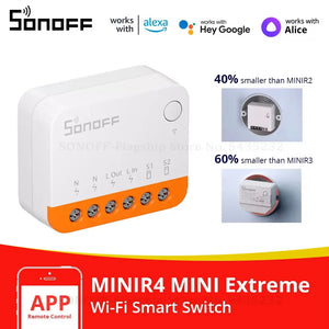 SONOFF MINIR4 Smart Switch - WiFi 2-Way Control, Works with Alexa/Google Home, Ultra-Compact Relay, Compatible with R5 & S-MATE, for Smart Lighting & Appliances