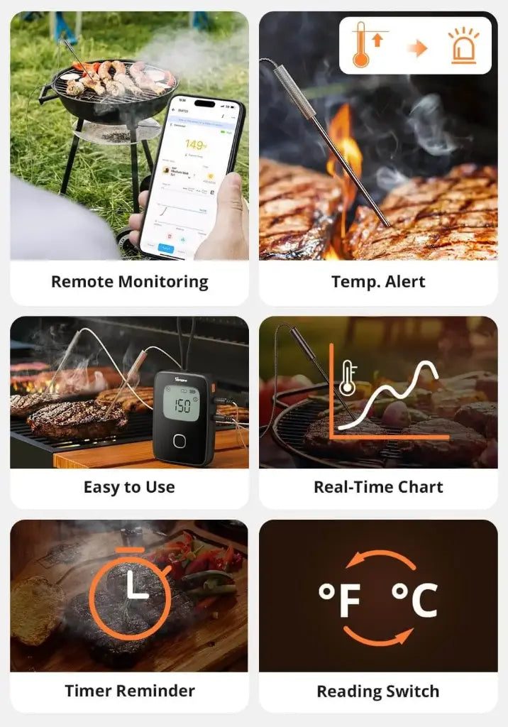 SONOFF BMT01 Smart BBQ Meat Thermometer - Wireless Bluetooth Grill Thermometer with 4 Probes, IP67 Waterproof, 330ft Range - Works with eWeLink App for iPhone/Android - Perfect for Smoking, Grilling & Cooking