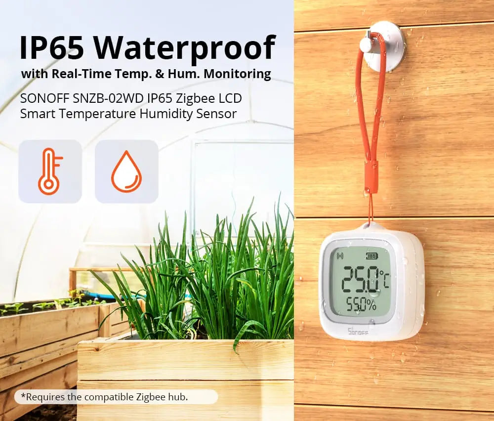 SONOFF SNZB-02WD IP65 Zigbee Temperature & Humidity Sensor - Waterproof LCD Display, Works with Alexa/Google Home, Smart Alerts, for Indoor/Outdoor Use