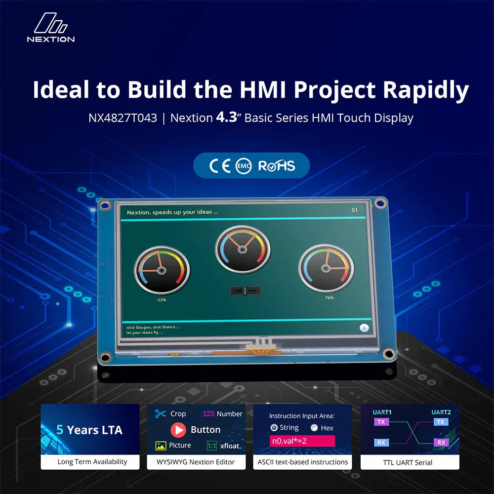 Nextion NX4827T043 4.3-inch HMI Touch Display (Basic Series) - 480x272 TFT LCD, Resistive Touch, UART Serial Interface, for Arduino/Raspberry Pi DIY Projects