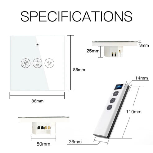 WiFi Smart Light Dimmer Switch – RF433 Remote Control, Glass Touch Panel, Compatible with Alexa & Google Home, Voice Control, Timer Function, EU Standard (No Hub Required)
