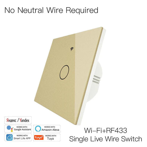 WiFi Smart Light Switch, RF433 Wall Touch Switch - No Neutral Wire Required, Single Pole, 220V EU Standard, Compatible with Alexa/Google Home, Remote Control & App Control