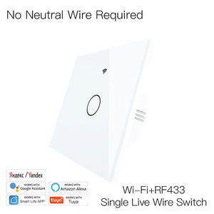 WiFi Smart Light Switch, RF433 Wall Touch Switch - No Neutral Wire Required, Single Pole, 220V EU Standard, Compatible with Alexa/Google Home, Remote Control & App Control