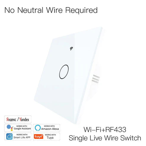 WiFi Smart Light Switch, RF433 Wall Touch Switch - No Neutral Wire Required, Single Pole, 220V EU Standard, Compatible with Alexa/Google Home, Remote Control & App Control