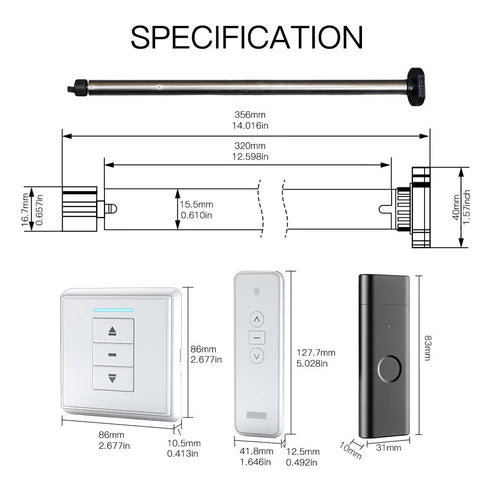 Rechargeable Tubular Roller Blind Motor with RF433 Remote Control – Battery-Powered Smart Motor for Roller Shades, Electric Window Blinds, Automatic Shutter System (Compatible with 28-45mm Tubes)