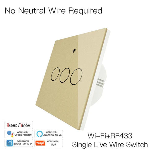 WiFi Smart Light Switch, RF433 Wall Touch Switch - No Neutral Wire Required, Single Pole, 220V EU Standard, Compatible with Alexa/Google Home, Remote Control & App Control