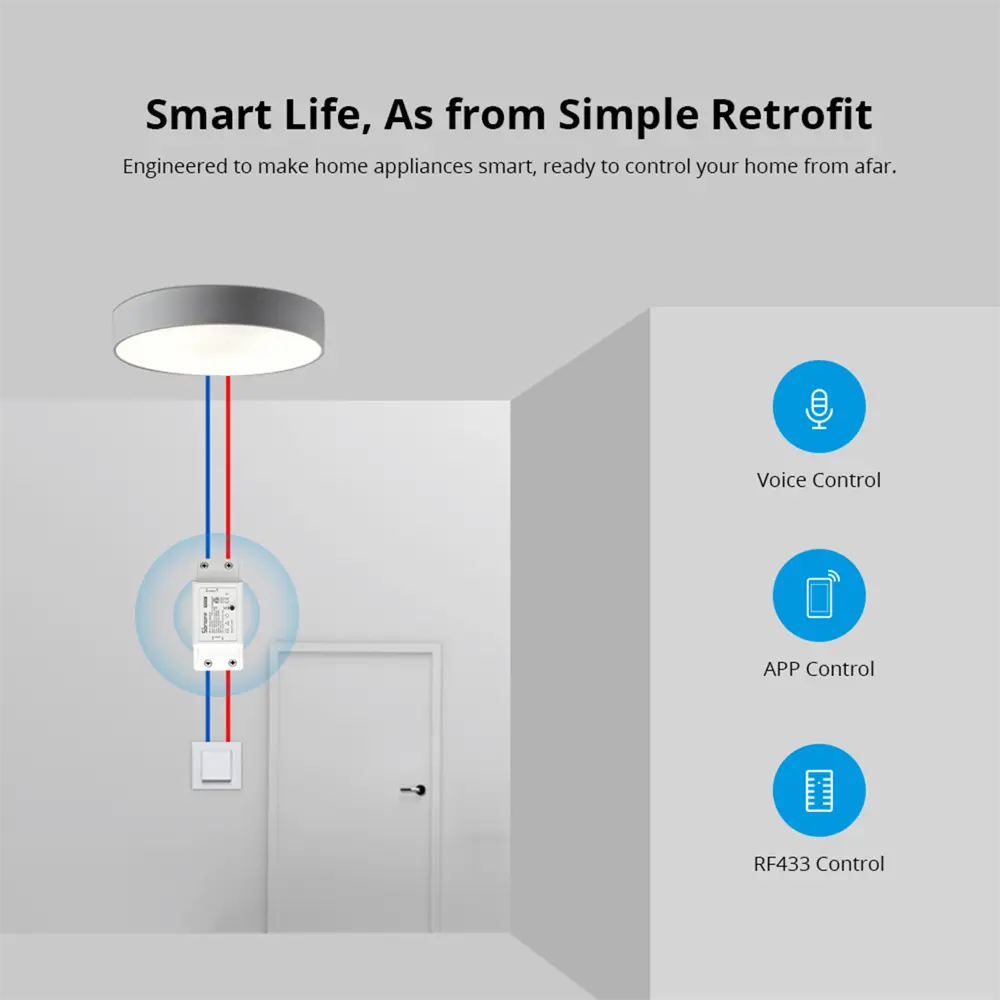 SONOFF RFR2 WiFi Smart Switch with RF Receiver - Dual Control via App & RF Remote, Works with Alexa/Google Home, No Hub Required, DIY Installation for Smart Home
