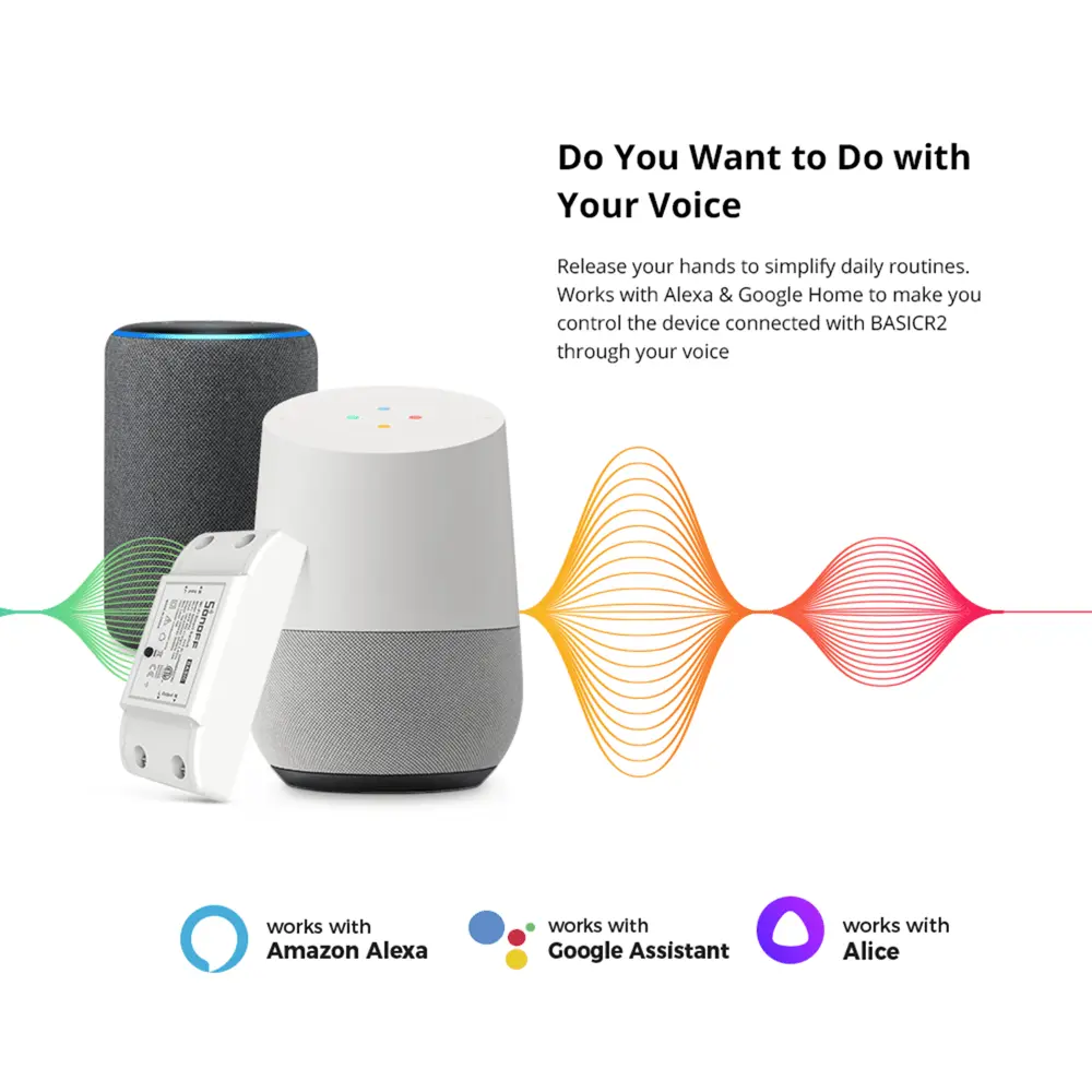 Sonoff BASICR2 WiFi Smart Switch – 10A DIY Wireless Light Switch Module, Remote Control & Timer, Works with Alexa & Google Home, Smart Home Automation, EWeLink App Control (No Hub Required)