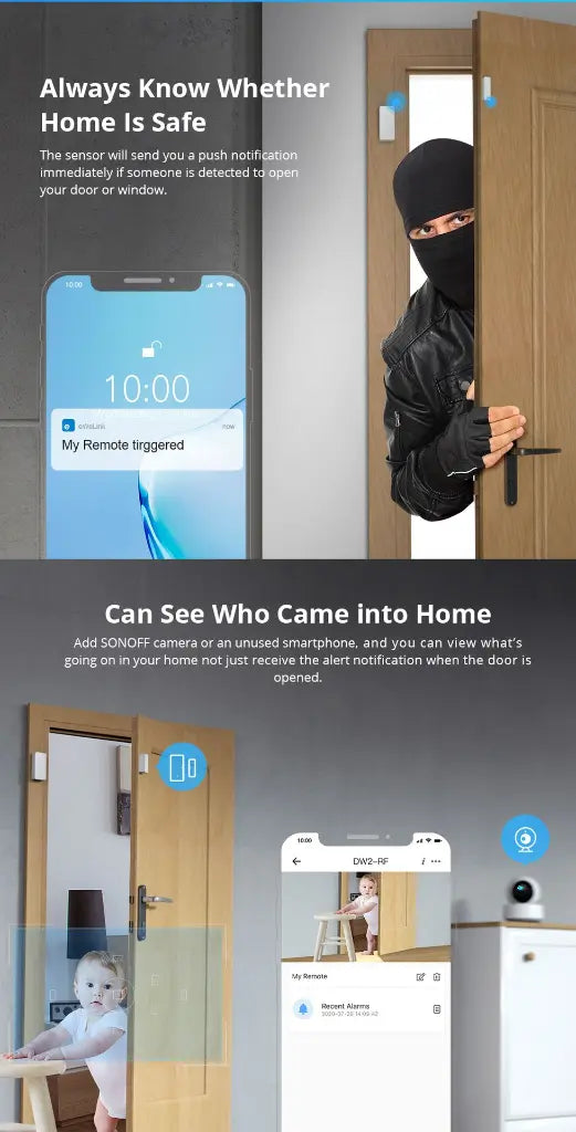 SONOFF DW2-RF 433MHz Wireless Door/Window Sensor, Smart Home Security Alarm, Works with eWeLink App, Door Opening Detector for Home Automation, No Hub Required, DIY Installation (White)