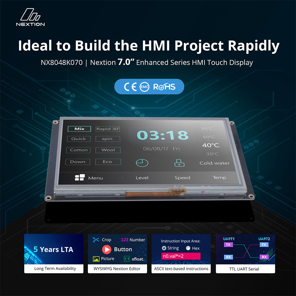 Nextion NX8048K070 7-inch HMI Touch Display - Enhanced Series 800x480 TFT LCD, Resistive Touch, UART Interface, STM32 MCU for Industrial Controls/Arduino/Raspberry Pi (No Enclosure)