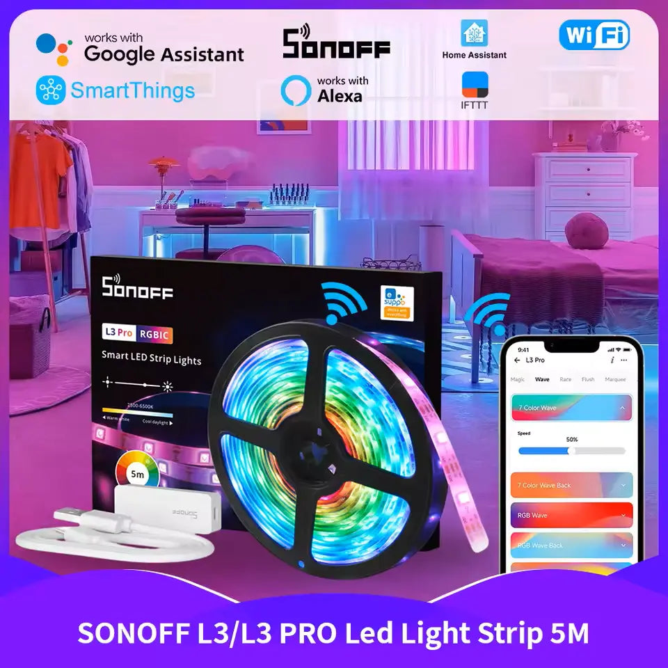 SONOFF L3 Pro RGBIC Smart LED Strip Lights 5M/16.4Ft - IP54 Waterproof, WiFi & Bluetooth Control, 16 Million Colors, Music Sync, Works with Alexa/Google Home, DIY Cutting