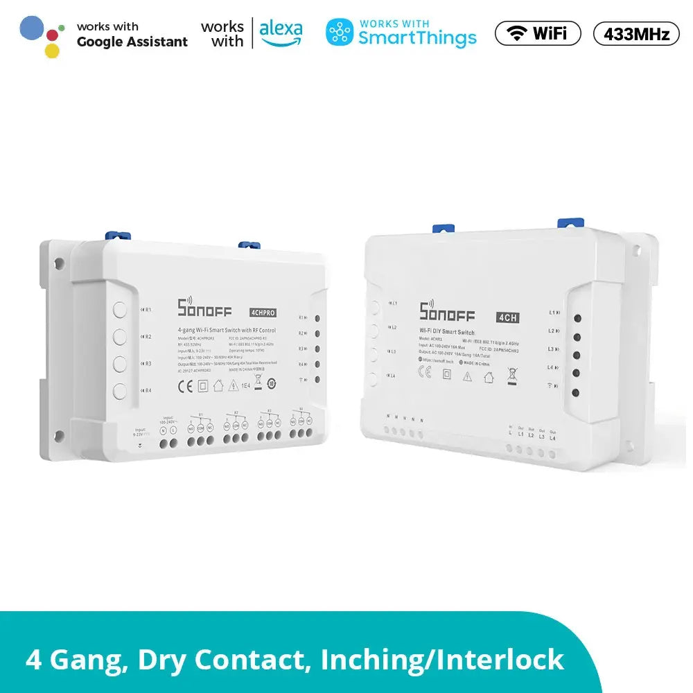 SONOFF 4CH R3 230V WiFi Smart Switch - 4 Gang 2200W, Inching/Self-Locking/Interlock Modes, Works with Alexa & Google Home, eWeLink App Control, 10A Relay for Smart Home DIY