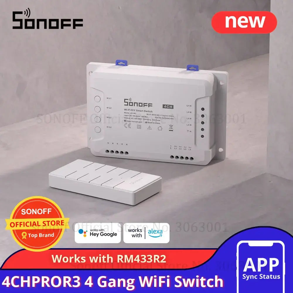 SONOFF 4CHPROR3 WiFi Smart Switch - 4 Gang DIY Relay Module, Self-Locking/Inching Mode, 9-23V DC & 100-240V AC, Works with Alexa & Google Home, eWeLink App Control