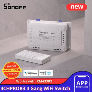 SONOFF 4CHPROR3 WiFi Smart Switch - 4 Gang DIY Relay Module, Self-Locking/Inching Mode, 9-23V DC & 100-240V AC, Works with Alexa & Google Home, eWeLink App Control