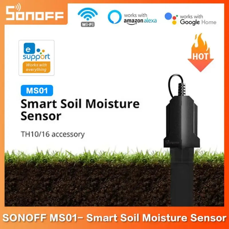 SONOFF MS01 Smart Soil Moisture Sensor with RJ9 Adapter - Plant Hygrometer for Indoor/Outdoor Use, Works with TH10/TH16 Smart Switch, Smart Home Gardening, Humidity Detection