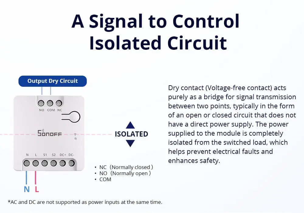 SONOFF MINI-D Dry Contact Smart Switch (Matter Compatible) - WiFi Relay for Garage Doors/Boilers/DC Motors, Works with Alexa & Google Home, AC/DC 12-240V Input