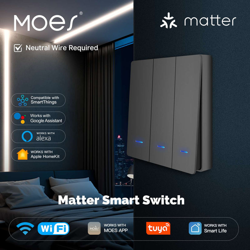 Matter WiFi Smart Light Switch EU - Push Button Design, Neutral Wire Required, Works with Alexa/Google/HomeKit (Matter Compatible), App & Voice Control, CE Certified