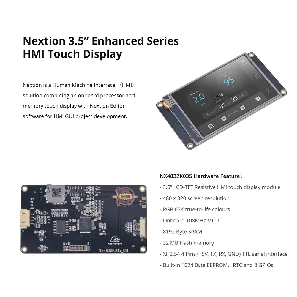 Nextion NX4832K035 3.5-inch HMI Touch Display - Enhanced Series TFT LCD (320x480), Resistive Touch, UART Interface, STM32 MCU, for Arduino/Raspberry Pi/ESP32, Industrial Controls